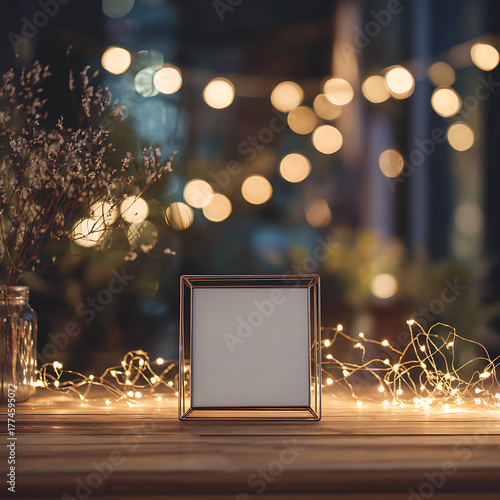 A white frame sits on a wooden table next to a vase of flowers. The frame is empty, but the flowers and the table create a warm and inviting atmosphere