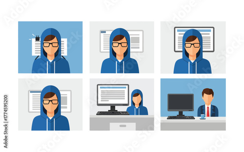 Programmer wearing glasses and hoodie working on computer screens.