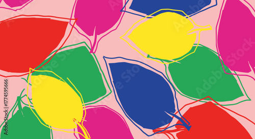 Vibrant Leaf Pattern: Bold Colors and Abstract Outlines on Light Pink
