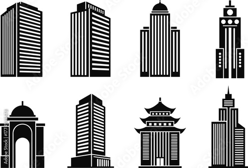 Skyscraper and landmark building icons set, modern and classical architecture silhouettes, office towers, city monuments, and urban skyline vector illustrations