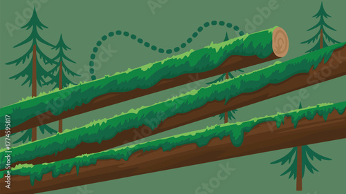 Illustration of mossy logs in a forest with trees and dotted line in the background scene view