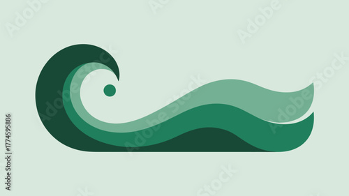 A stylized green wave design with a curl and a dot on a light green background illustration