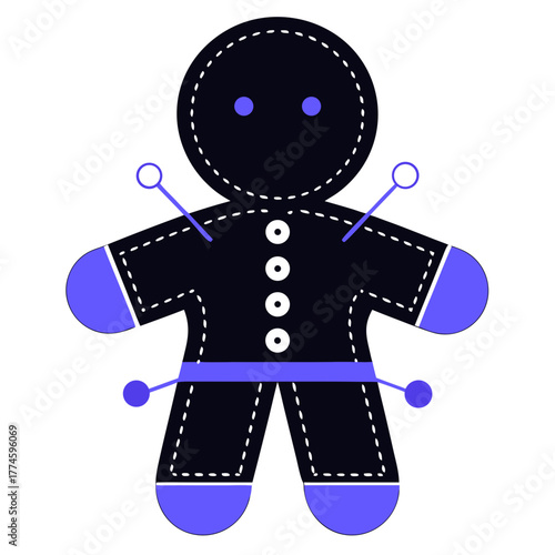 Voodoo doll plush in black and purple with pins and buttons design  