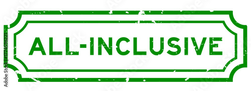 Grunge green all inclusive word rubber seal stamp on white background