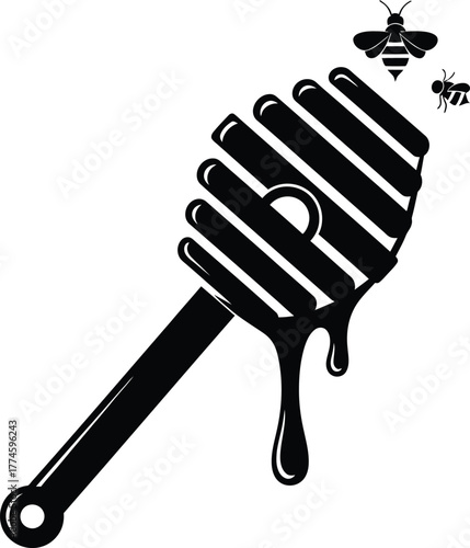 Honey dipper dripping with honey and flying bees