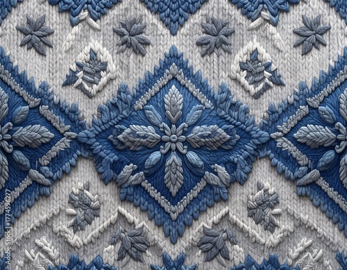 Intricate textile featuring repeating floral diamond designs, textured, in hues of blue and white, evokes a handcrafted, folk-art vibe