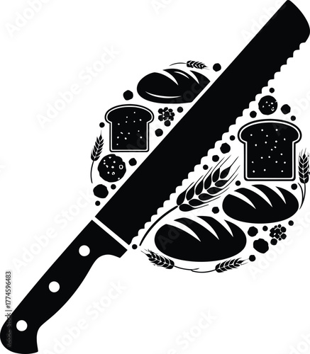 Bread knife slicing baked goods in black and white