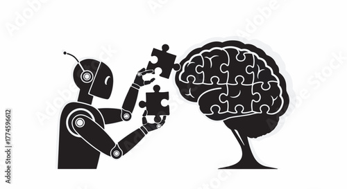 Robot assembling puzzle pieces into a human brain, symbolizing AI learning and development.