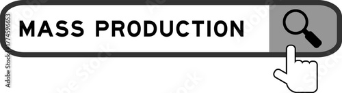 Search banner in word mass production with hand over magnifier icon on white background