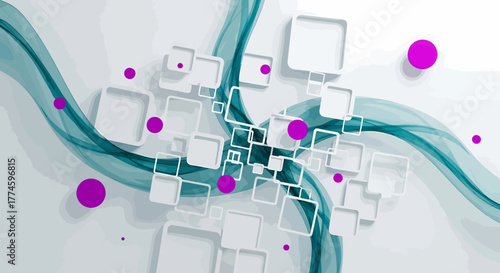 Abstract Composition with Teal Waves, Floating Squares, and Magenta Spheres