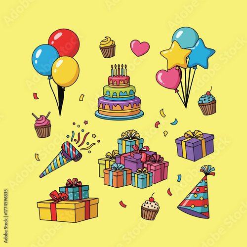 Set of cartoon birthday party stickers with cake and gifts isolated