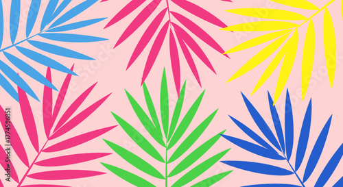 Colorful Palm Fronds Patterned on a Soft Pink Background