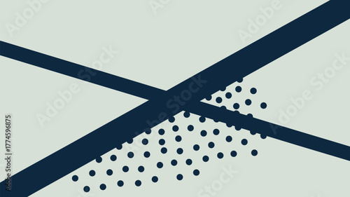 A minimalistic design featuring intersecting navy bands and a cluster of dark circular dots on a light background