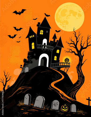 Halloween haunted castle on hill with bats moon pumpkins graveyard