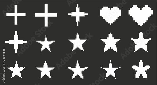 Collection of Various Pixel Art Symbols Crosses, Hearts, and Stars