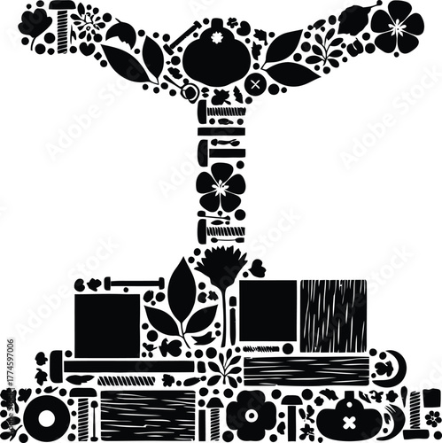 Monochrome silhouette of tree composed with flower and wood