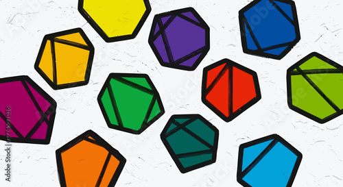 Colorful geometric shapes with black outlines and brush stroke interior details