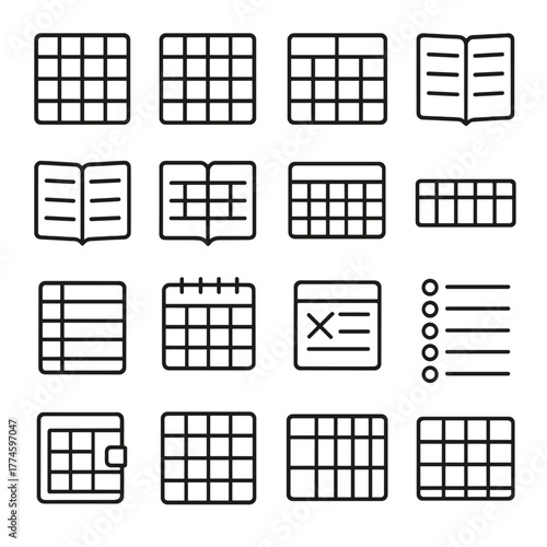 Calendar and notebook linear icons set. featuring grid, planner, organizer, journal, schedule, checklist, and memo symbols