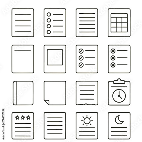 Document types linear icon set. featuring list, checklist, calendar, note, and report symbols