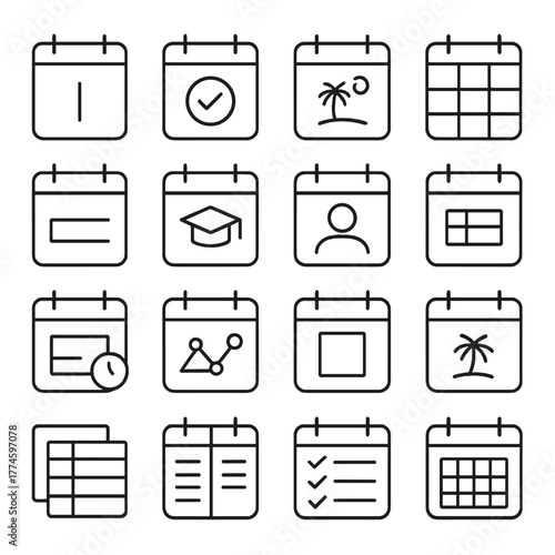 Calendar events linear icon set. featuring vacation, deadline, meeting, graduation, and personal planner symbols