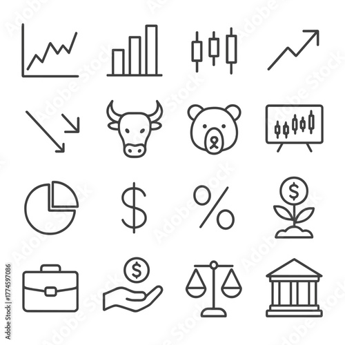 Finance linear icon set. featuring growth, chart, candlestick, bull, bear, pie, dollar, percentage, portfolio