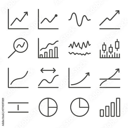 Finance and analytics linear icon set. featuring growth, chart, graph, pie, and analysis symbols