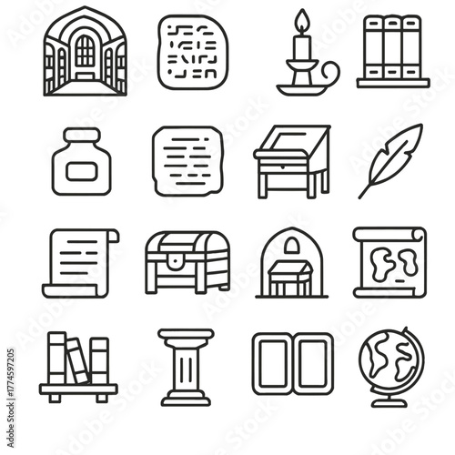 Historical study linear icon set. featuring library, manuscript, candle, ink, desk, quill, map, scroll, globe, column