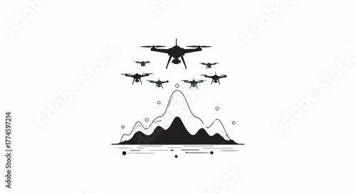 Drones flying in formation over a digital landscape, representing technology and future innovation.