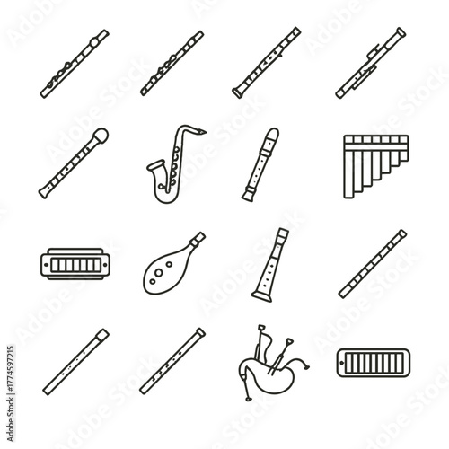 Musical instruments linear icon set. featuring flute, clarinet, recorder, saxophone, pan flute, harmonica, and bagpipes