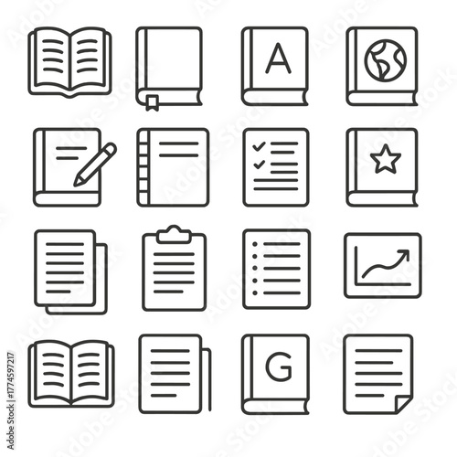 Education and literature linear icons set. featuring book, notebook, checklist, star, and globe symbols