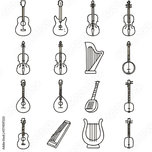 Musical instruments linear icon set. featuring guitar, violin, harp, banjo, lute, and lyre symbols