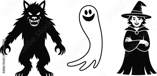 Halloween monsters vector illustration featuring werewolf ghost and witch spooky characters cartoon design scary fantasy icons for holiday artwork
