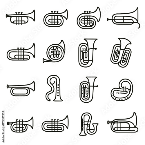 Musical instruments linear icon set. featuring trumpet, tuba, sousaphone, and cornet symbols