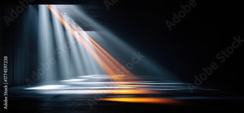 Fototapeta Naklejka Na Ścianę i Meble -  Dark space with angled illumination and reflective surfaces, suggesting depth, tension, and futuristic elegance.