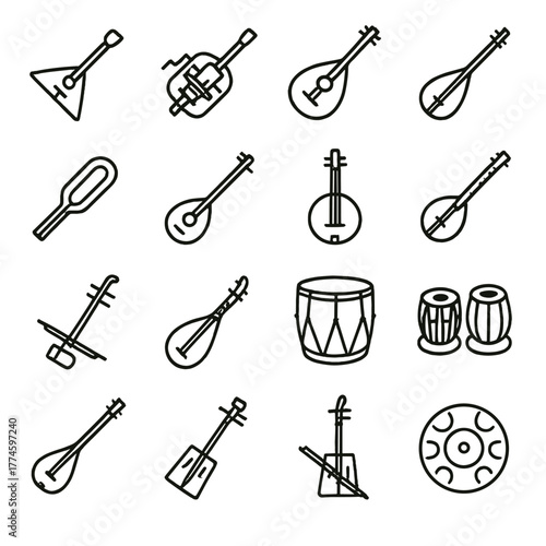 Musical instruments linear icon set. featuring balalaika, cello, domra, panduri, banjo, tabla, and more