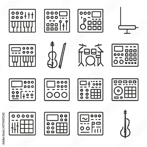 Music production equipment linear icon set. featuring keyboard, drum pad, microphone, violin, and drumset