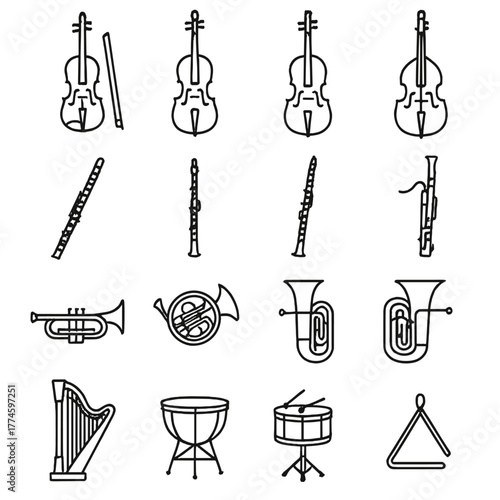 Music instruments linear icon set. featuring cello, flute, clarinet, trumpet, horn, tuba, harp, and drums