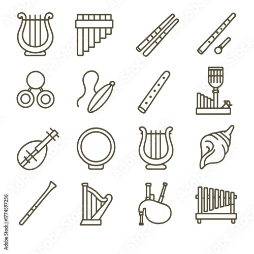 Ancient musical instruments linear icon set. featuring lyre, pan flute, shawm, and bagpipes symbols