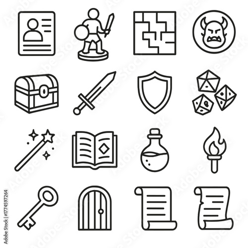 Rpg adventure linear icon set. featuring character, warrior, puzzle, monster, treasure, sword, shield, dice, magic