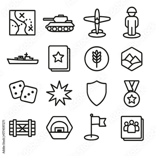 Military theme linear icon set. featuring map, tank, plane, soldier, ship, book, wheat, mountain, dice, explosion