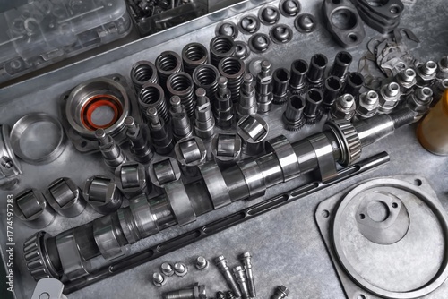 diesel engine fuel pump repair engine parts and components lying on a bench ready for installation