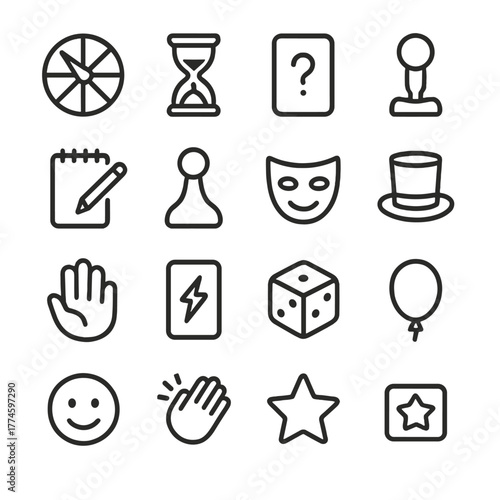 Board game linear icon set. featuring hourglass, question, mask, dice, and balloon symbols