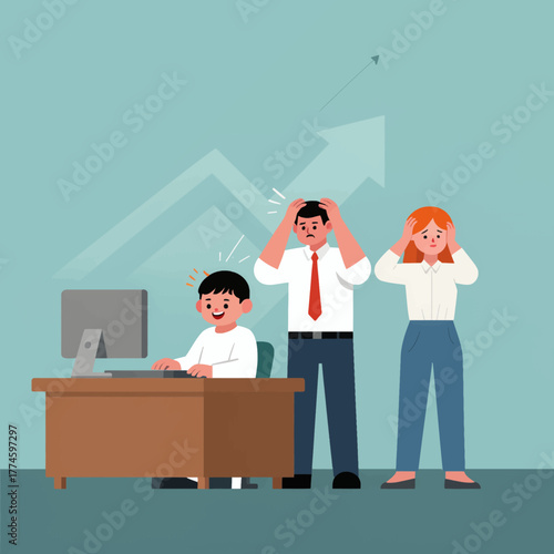 Young boy working at computer while parents look stressed with upward arrow background