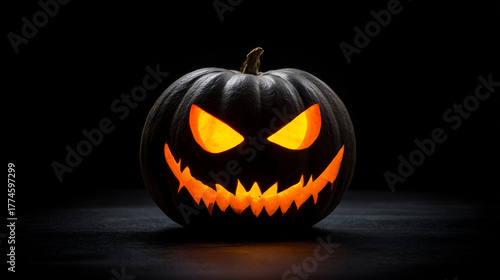 Glowing Halloween Pumpkin with Sinister Smile on Dark Eerie Background, Carved Jack-o'-lantern for Spooky Celebration