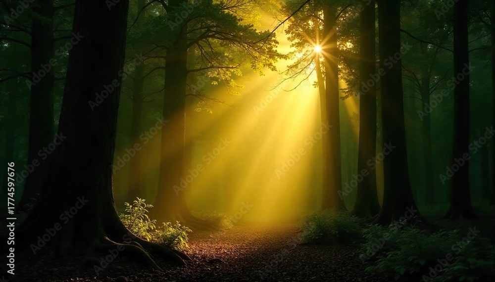 Naklejka premium Sunbeams Illuminate Dense Forest Floor, Magical Dappled Light, Summer Nature Landscape