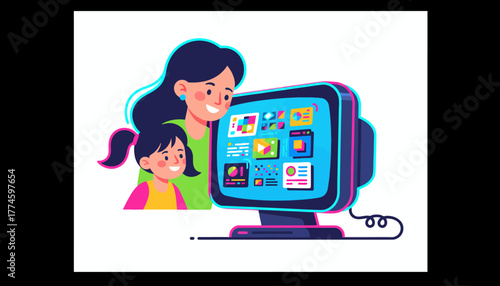 Family Digital Education: Mother and Daughter Learning Together on Computer Screen