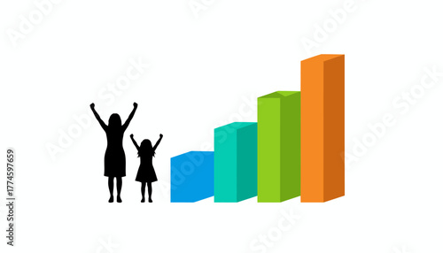 Woman and Child Celebrate Financial Growth Next to Ascending 3D Bar Chart, Symbolizing Investment Success and Achievement