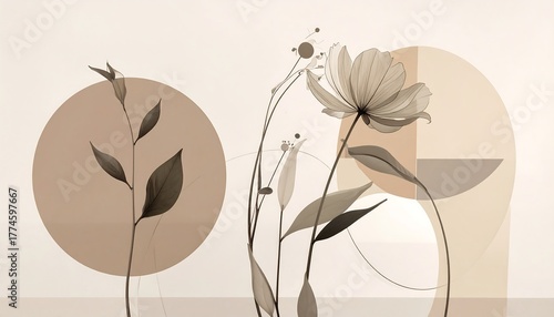 Elegant floral design with abstract geometric shapes and soft colors.