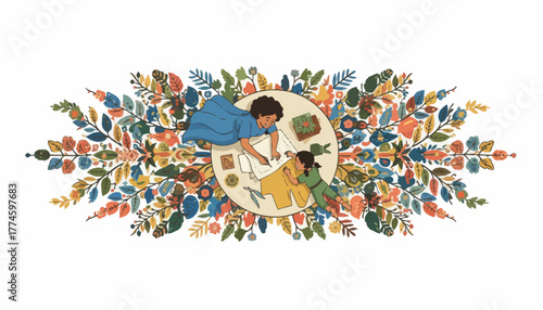 Creative Mother and Daughter Sewing a Garment Pattern, Framed by a Vibrant Folk Art Floral Decorative Border Illustration