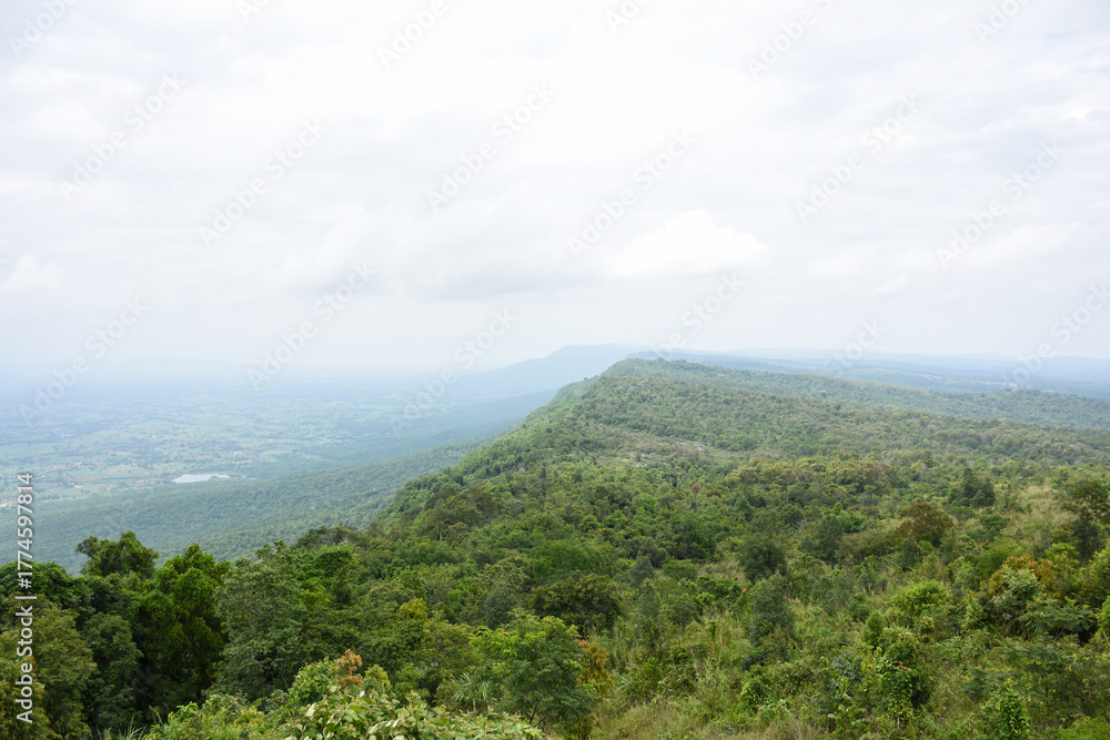 Fototapeta premium Vast, forested mountains overlook a valley under a cloudy sky.